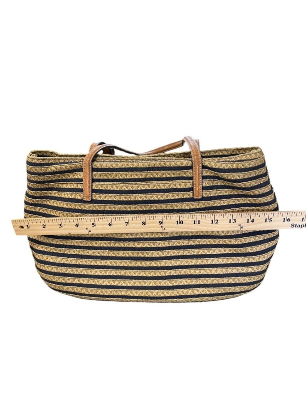 Eric Javits Striped Woven Straw Raffia Tote Bag With Leather Handles - Picture 7 of 7